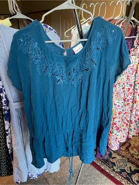 Ava & Viv Teal Embroidered Peplum Drawstring Top